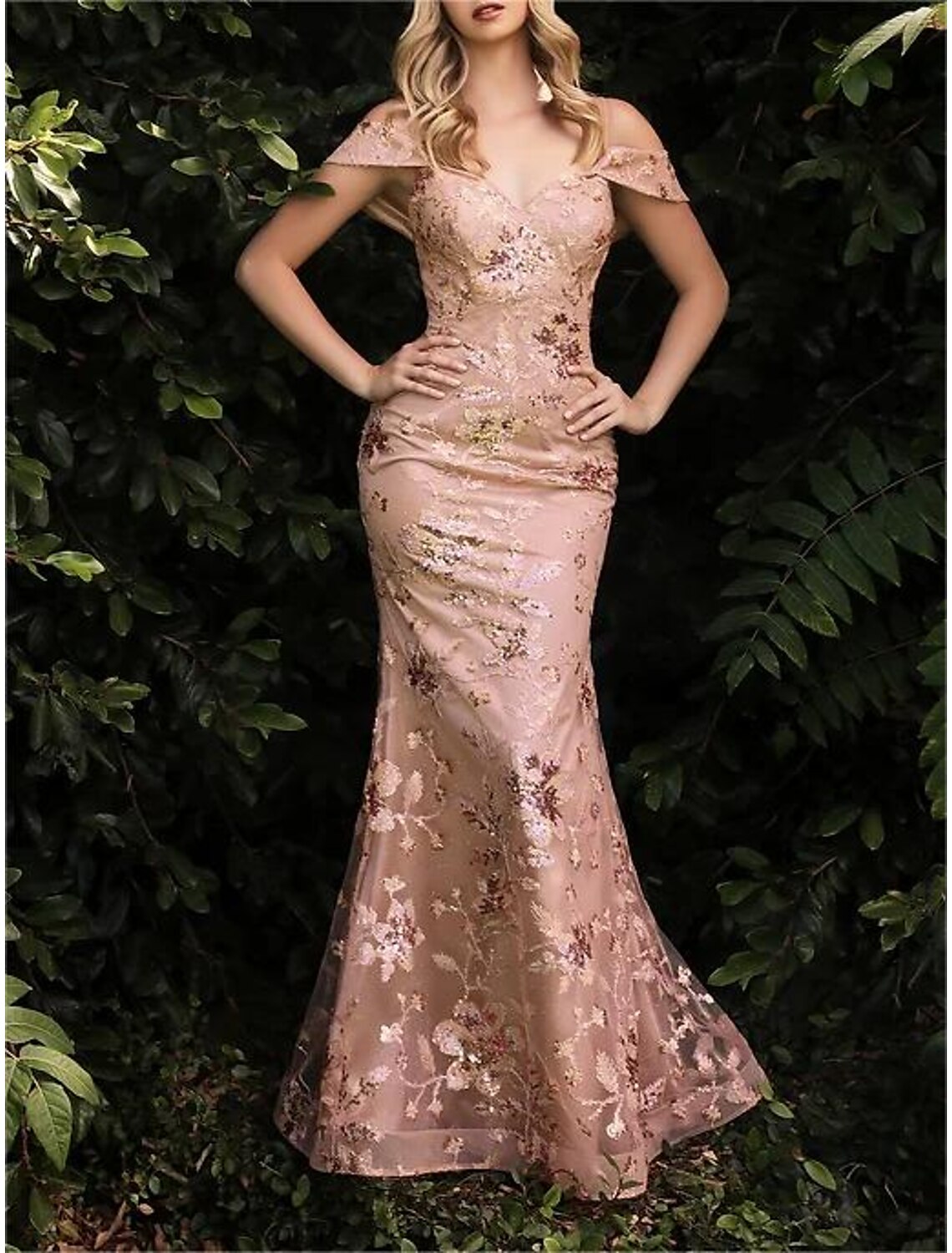 Abiti da ballo a sirena/tromba, abiti da festa, carnevale, strascico, senza maniche, spalle scoperte, tulle con spacco in paillettes glitterate